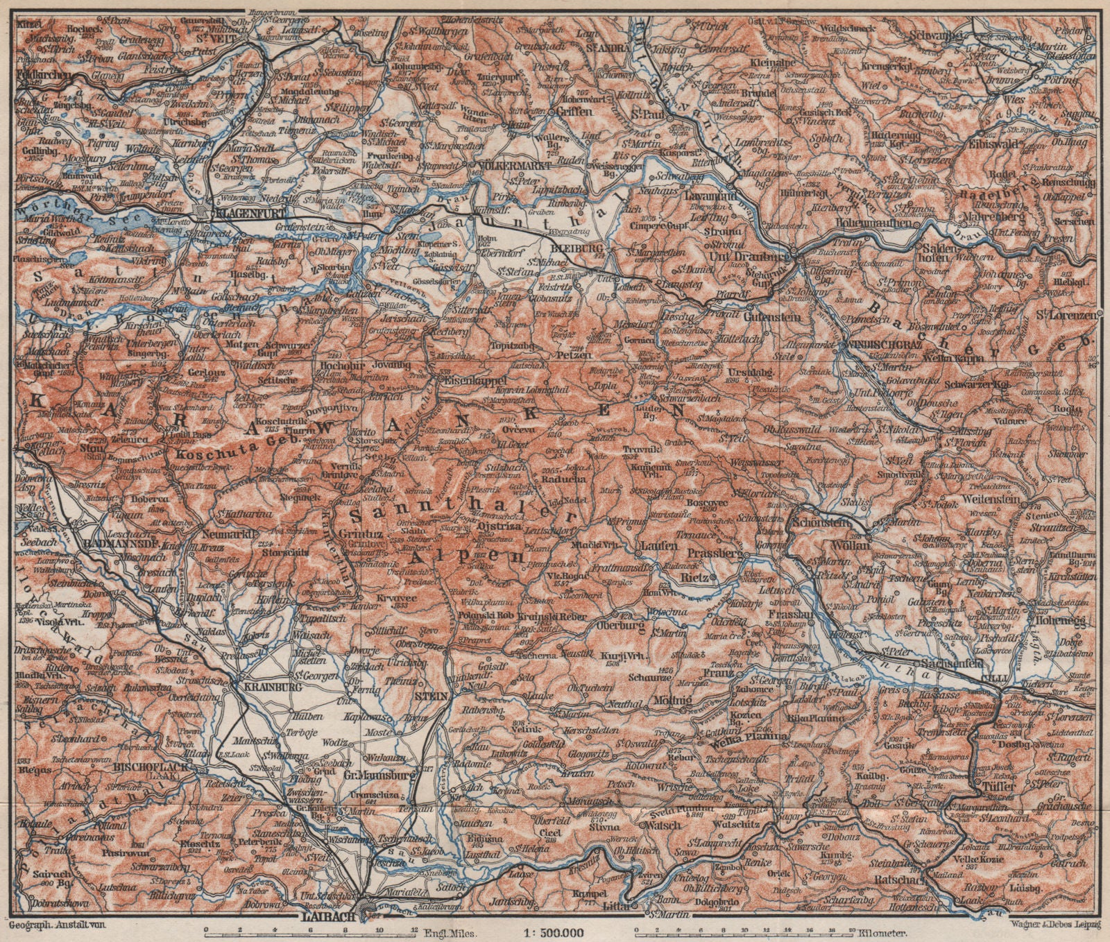 KARAWANKEN & SANNTHALER ALPEN. Klagenfurt Ljubljana Kranj. Carinthia 1899 map
